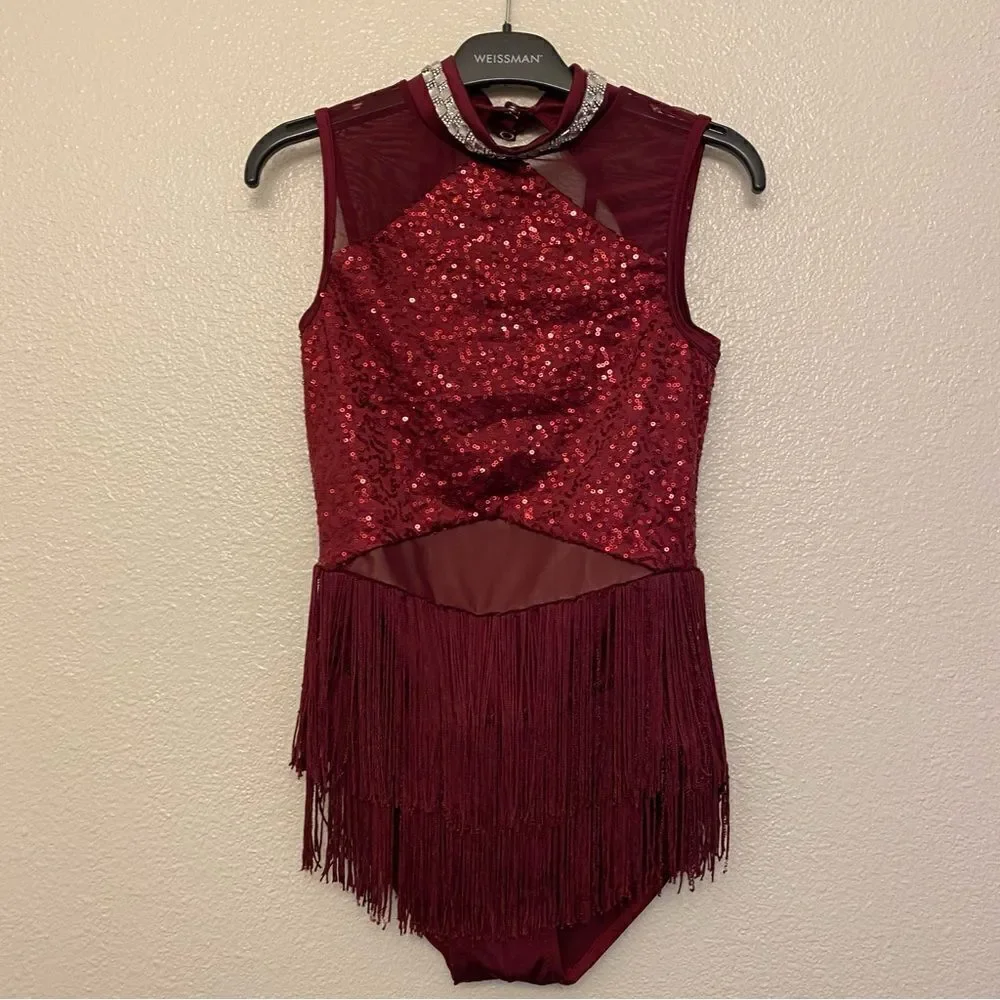WEISSMAN Dance Costume burgundy fringe The Coolest Thing Ever 13815 LC child